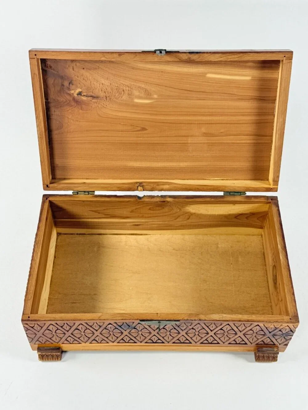 Vintage Cedar Wood Jewelry Box With Carved Floral Design & Landscape Scene Lid